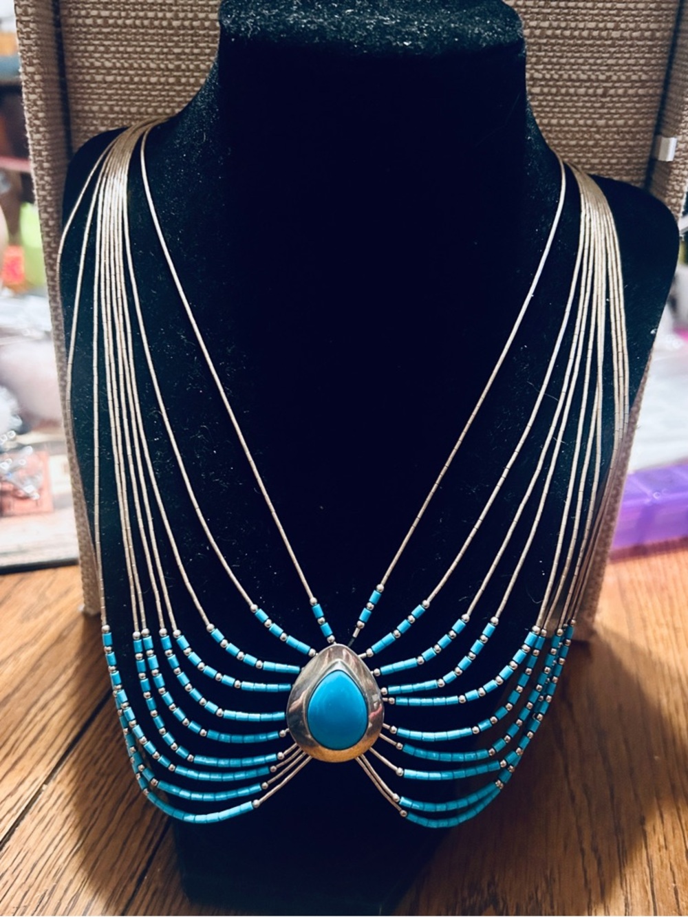 Liquid Silver Turquoise 10 Strand ZUNI or NAVAJO Necklace Artist Signed S E Ster - Picture 8 of 9